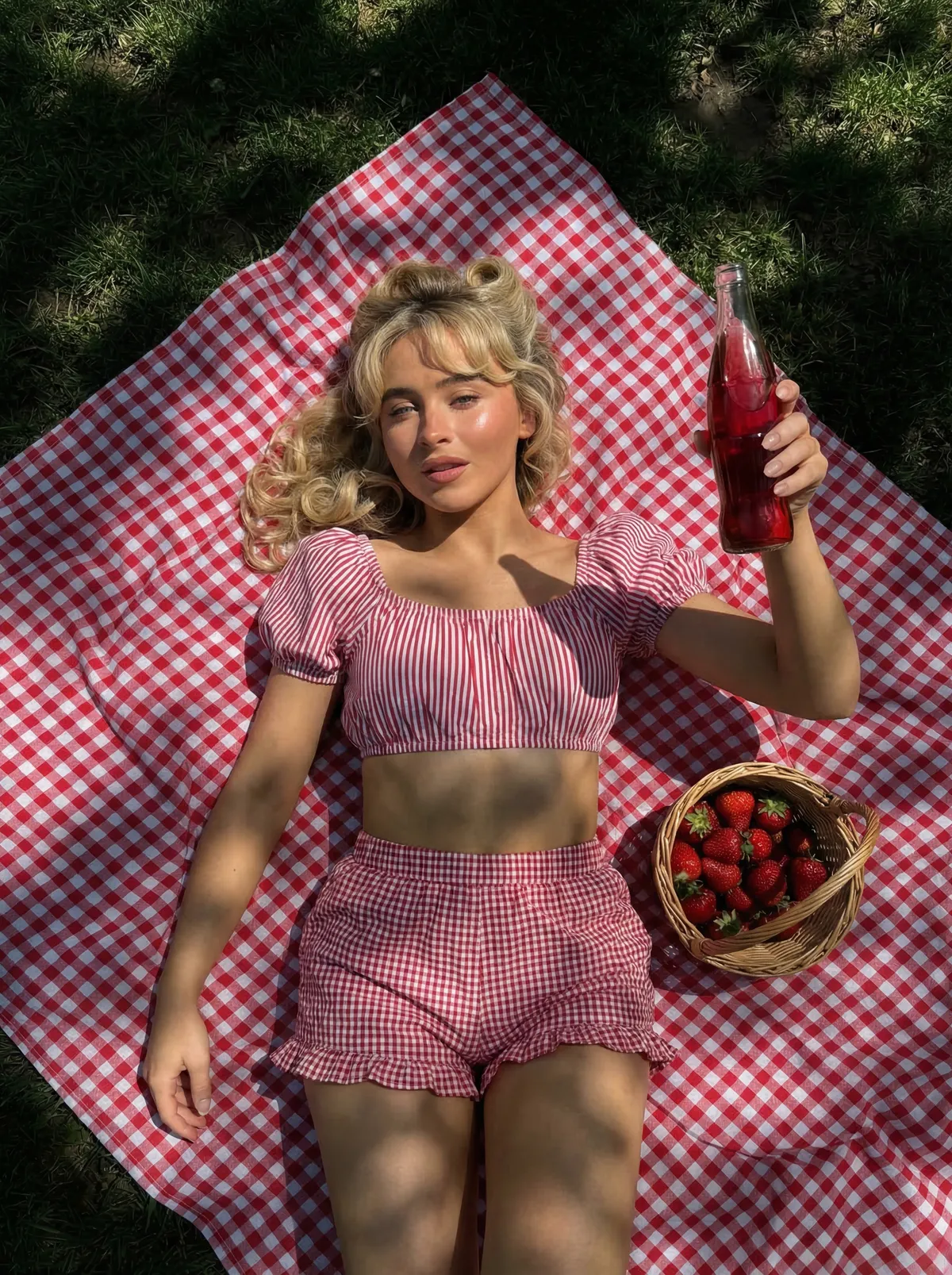Picnic Blanket Woman Striped Top Gingham Shorts Dappled Light