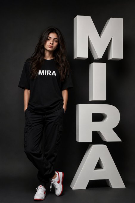 A full-body portrait of a woman in a black t-shirt and cargo pants, standing confidently with relaxed posture in a dark matte charcoal studio.