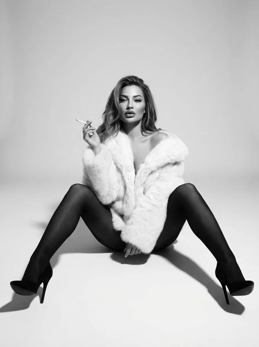 White Fur Coat Studio Portrait