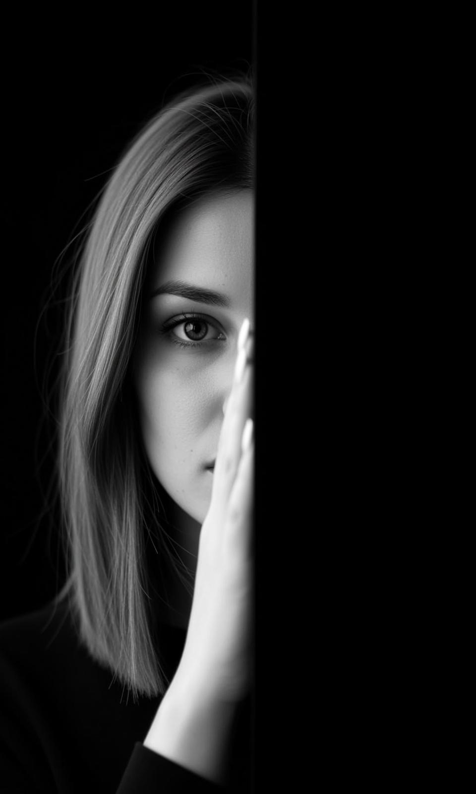 Black And White Medium Close-up Portrait Shows Young Woman Face