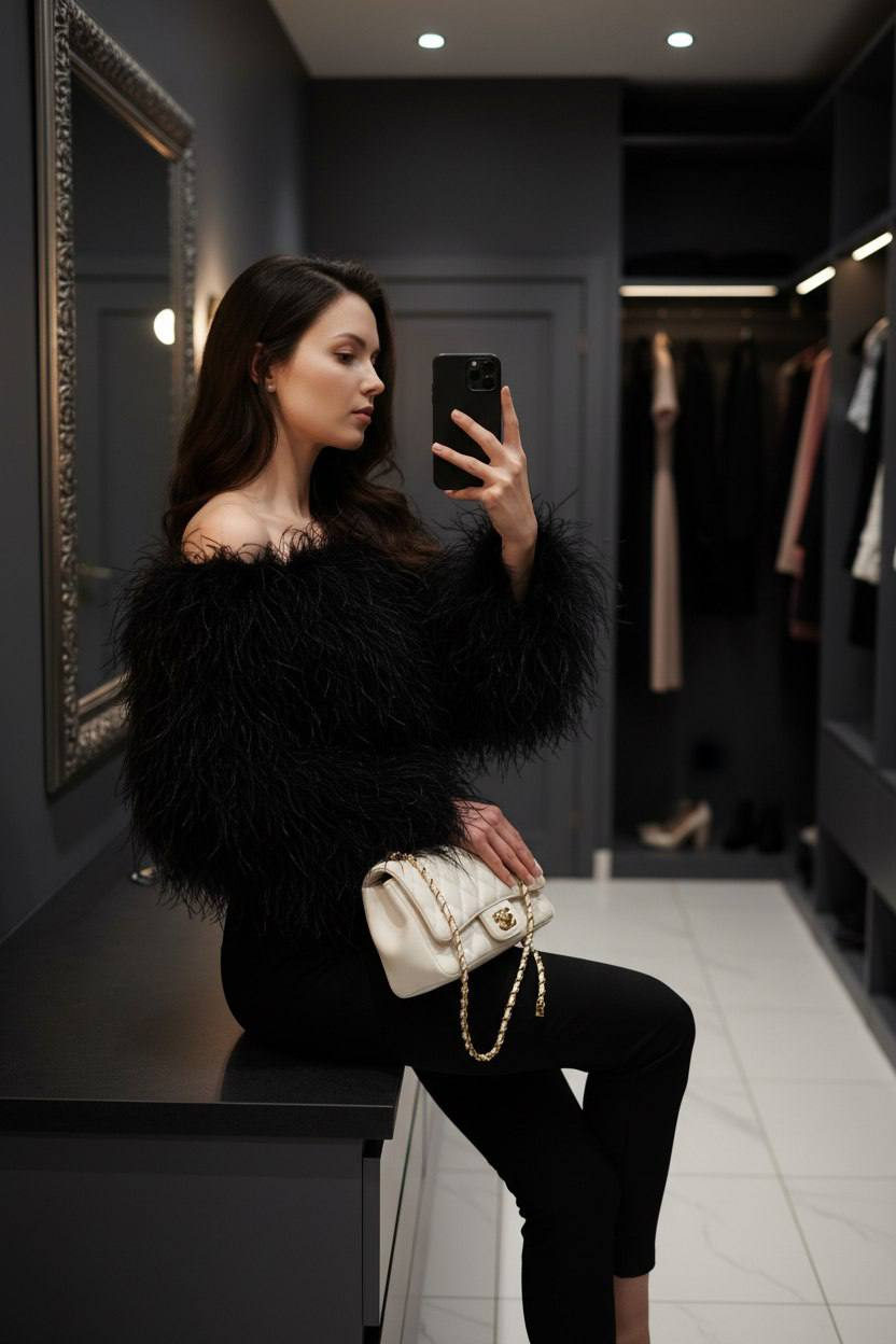 Photorealistic fashion portrait of a woman in a modern dressing room taking a mirror selfie, featuring a feather top and quilted bag.