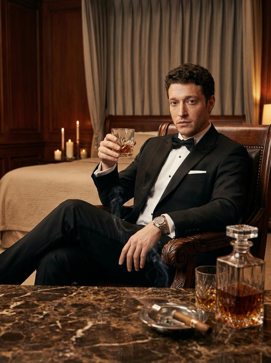 A man in a classic tuxedo holding an amber liquid in a glass tumbler, seated in a large ornate chair.