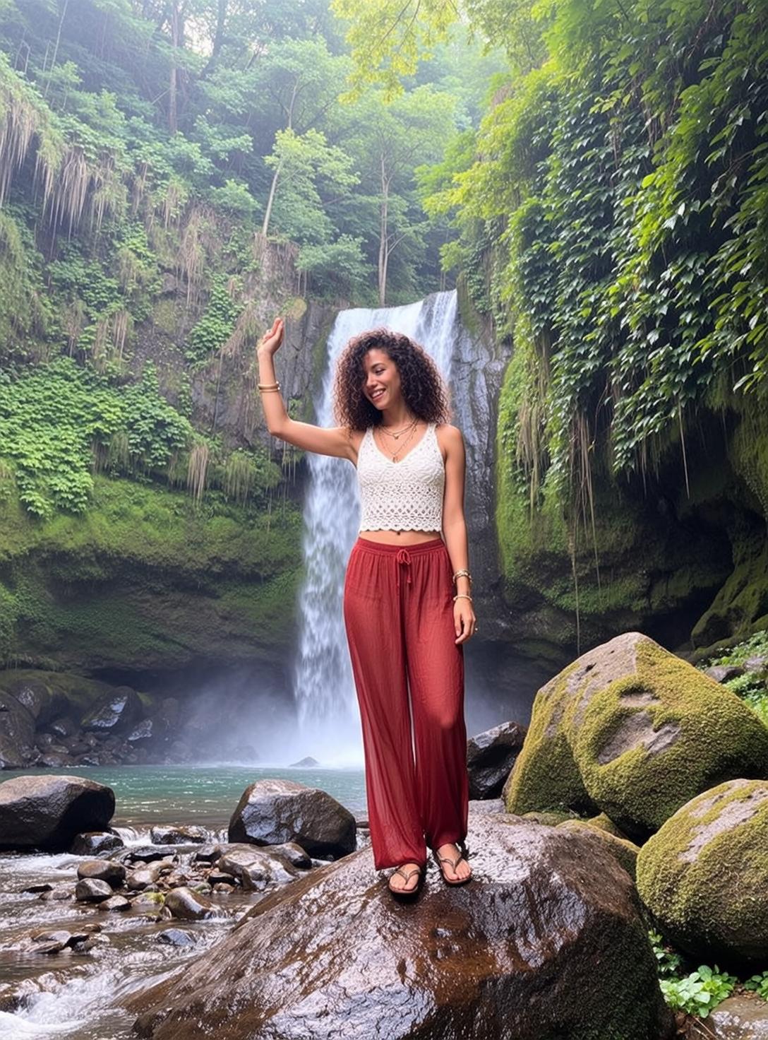 Tropical Waterfall Woman White Crochet Red Pants