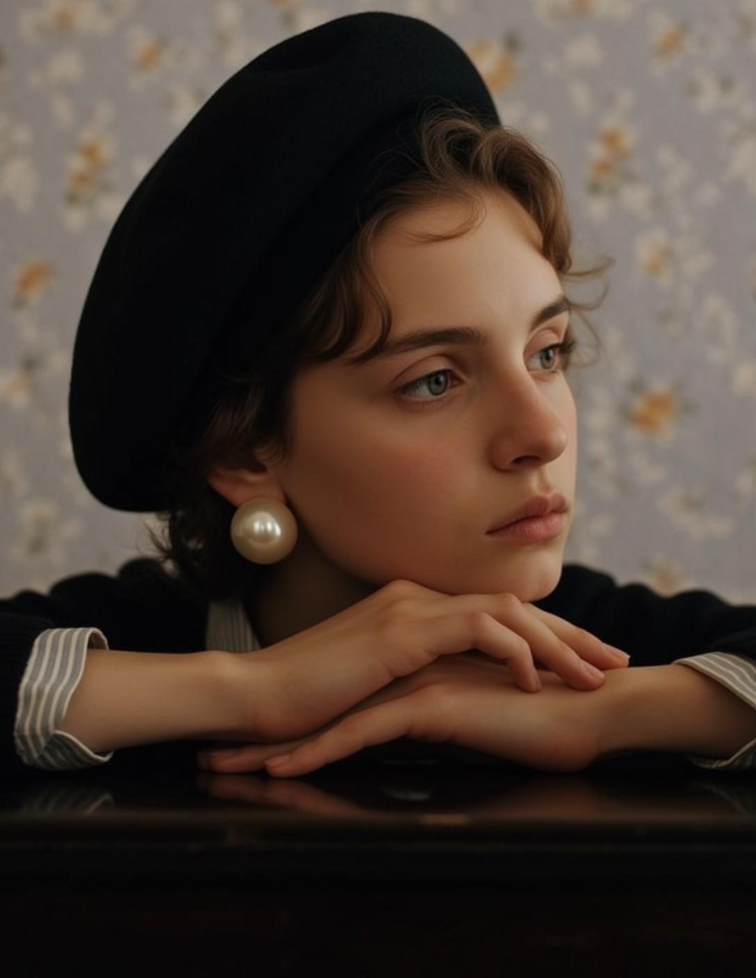 Young Woman Thoughtful Gaze Vintage Portrait Soft Light
