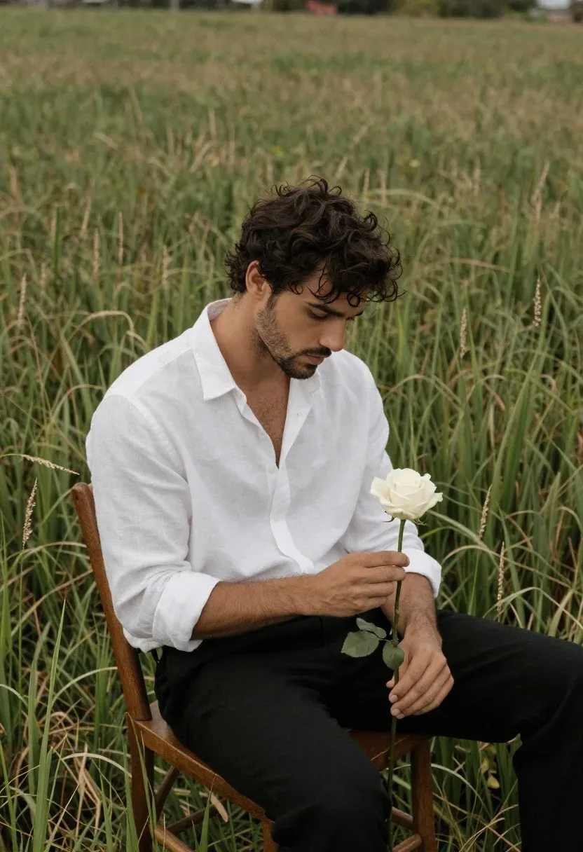 Handsome Man With Dark Wavy Hair Sits Field Tall Grass