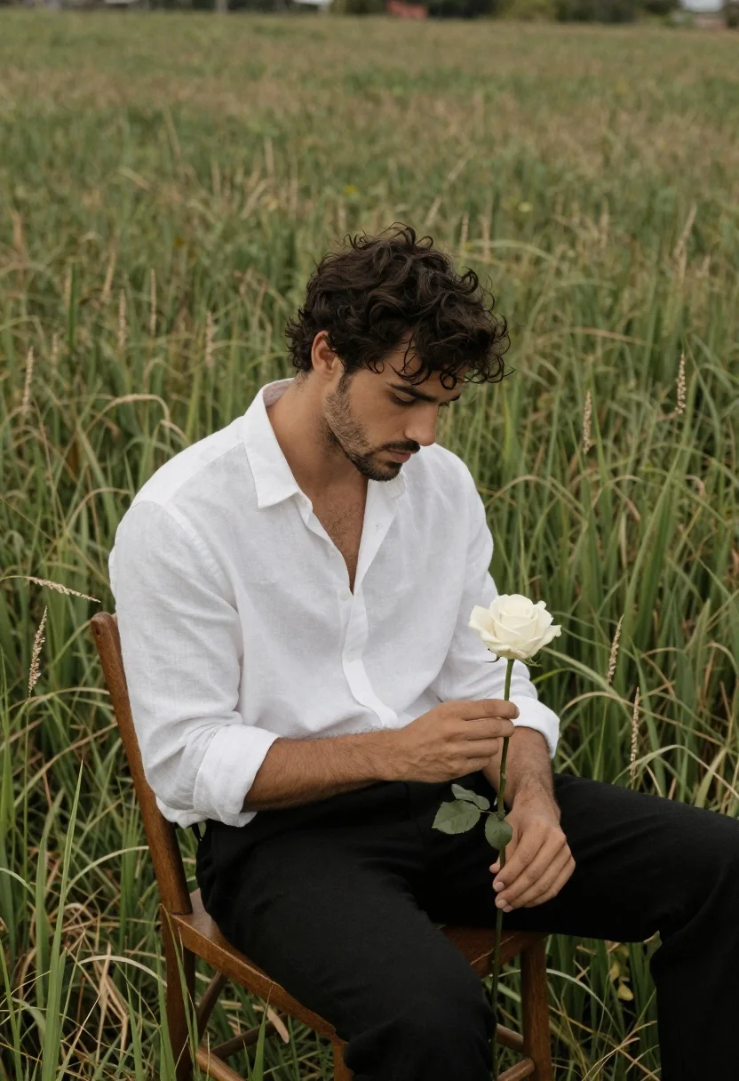 Handsome Man With Dark Wavy Hair Sits Field Tall Grass