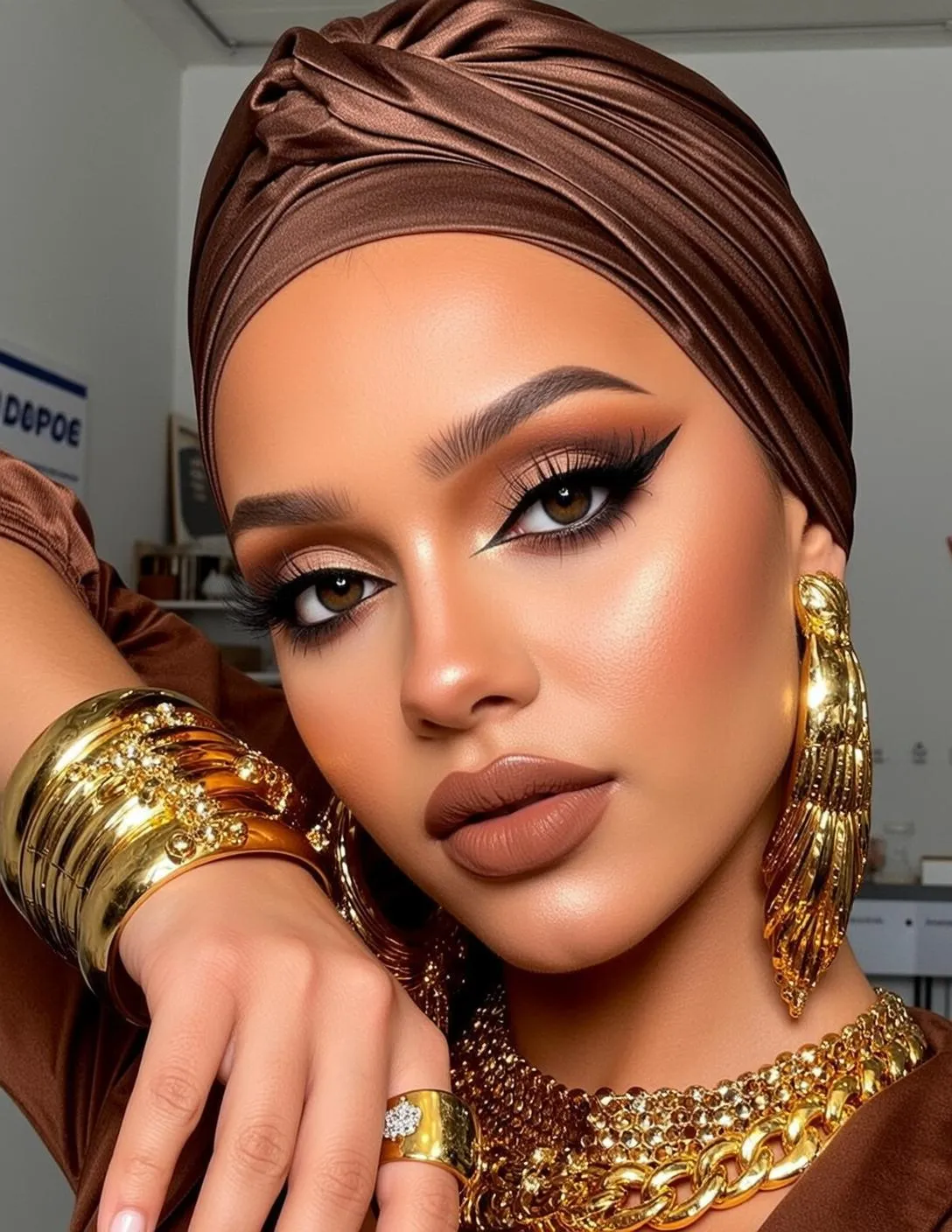 Portrait With Makeup Earrings Necklace Bracelets Rings And Lash Extensions