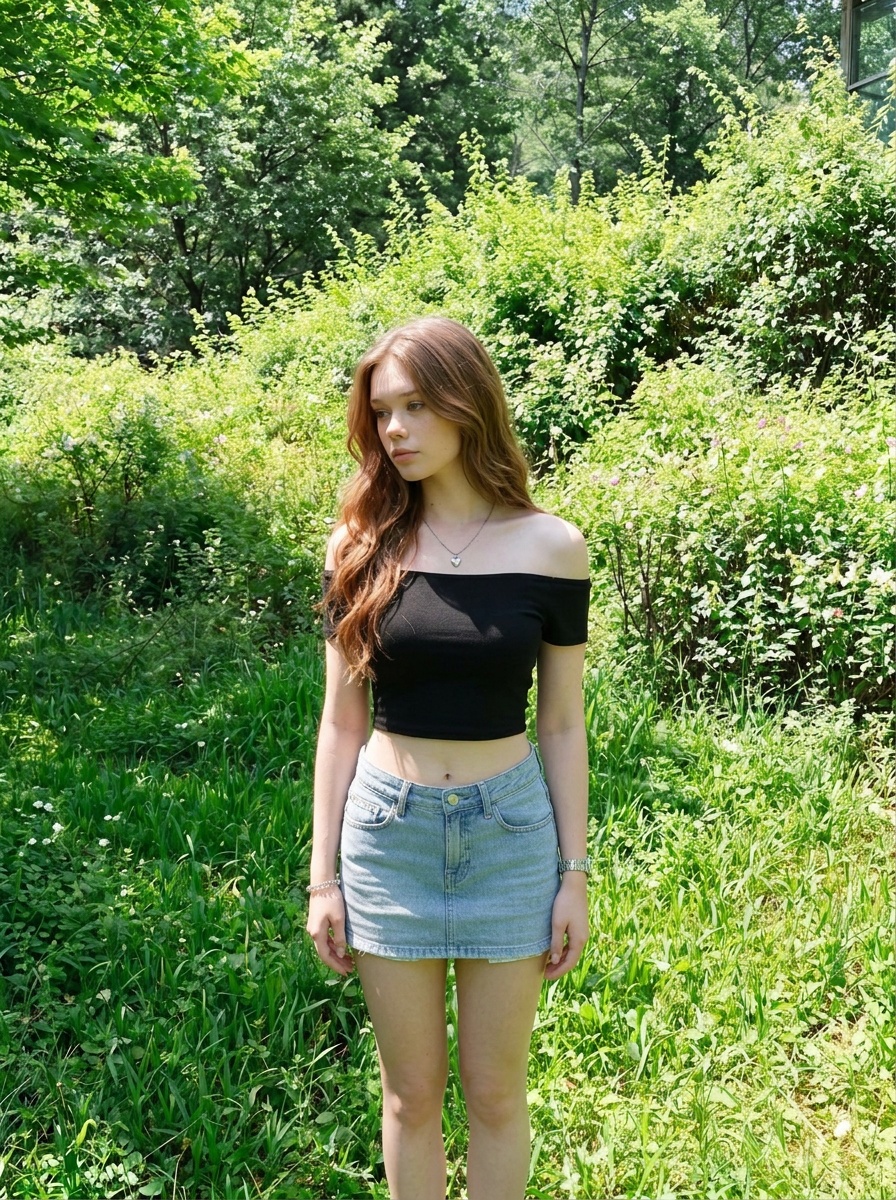 Stands In Lush Sunlit Garden With Dense Green Foliage