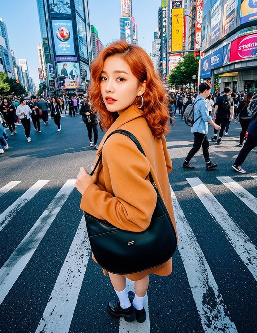 Shibuya Crossing Orange Coat Woman Looking Over Shoulder