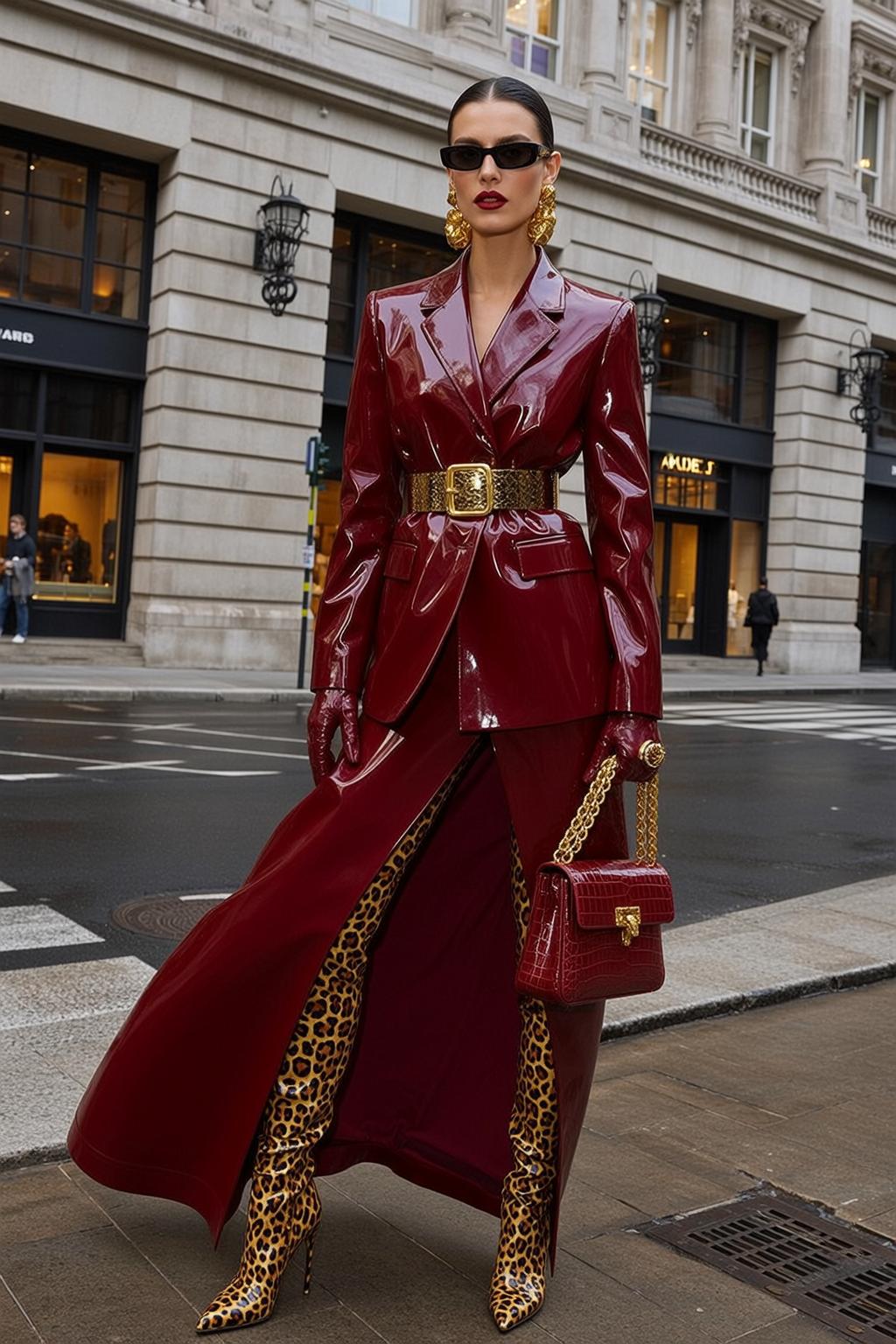 Red Patent Trench Coat Confident Pose Handbag
