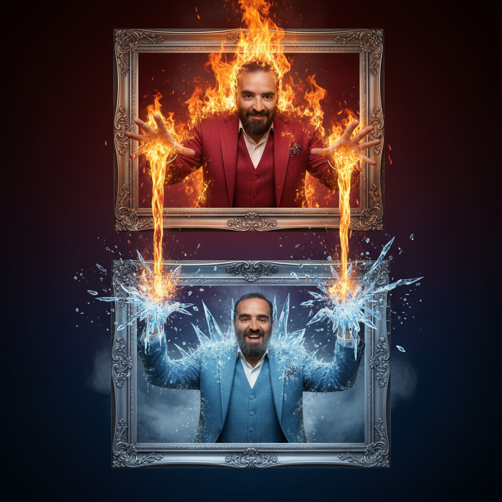 Joe Apfelbaum in flames, wearing a crimson suit with firelight reflections and dynamic textures.