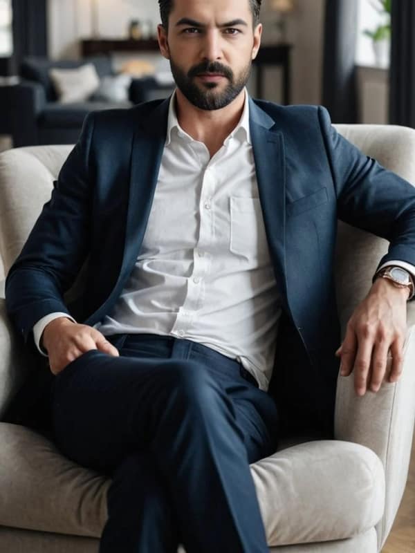 Confident man in navy blue suit seated on beige armchair in a sophisticated living room.
