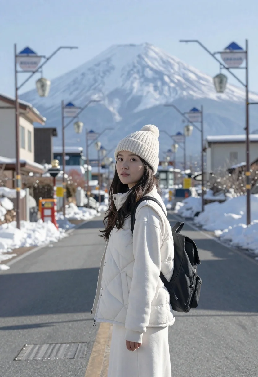 Young Woman Stands The Middle Quiet Japanese Street With Mount