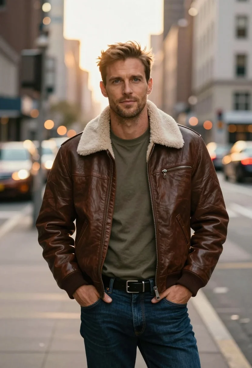 Confident Man Stands The Middle City Street During Golden Hour
