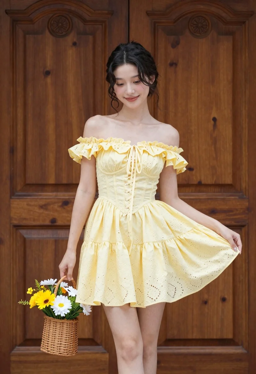 Young Woman Stands Front Large Wooden Door Wearing Pale Yellow