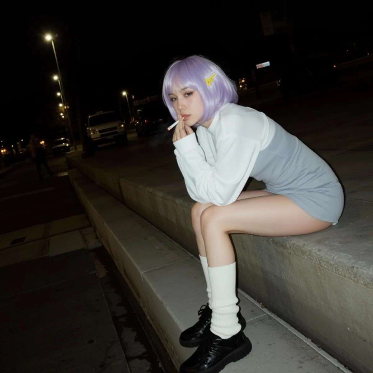 White Ribbed Knee Long Sleeved White Urban Street At Concrete