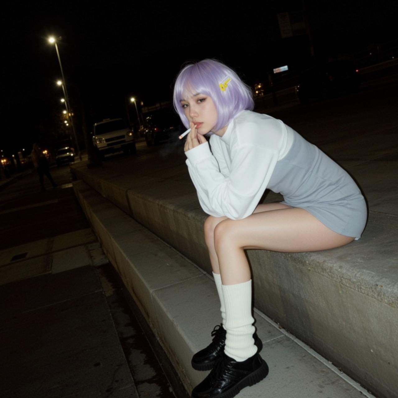 White Ribbed Knee Long Sleeved White Urban Street At Concrete