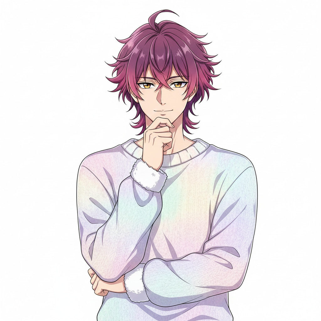 Anime male character design with pink and purple hair, soft gaze, wearing a cozy sweater.