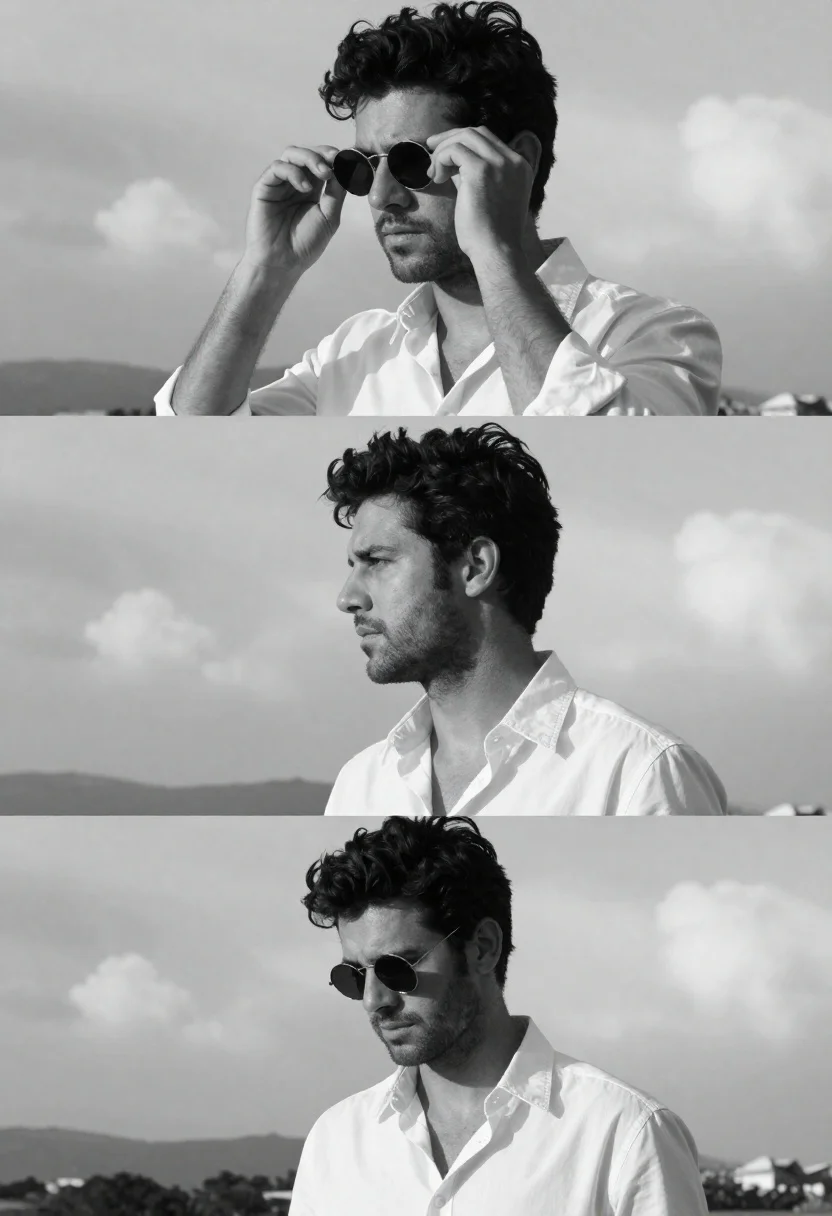 Black And White Triptych Featuring Handsome Man With Dark Hair