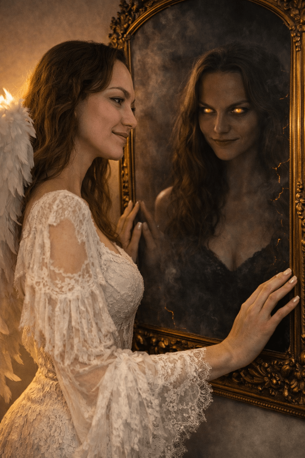 Angel Wings Lace Gown Antique Mirror Reflection