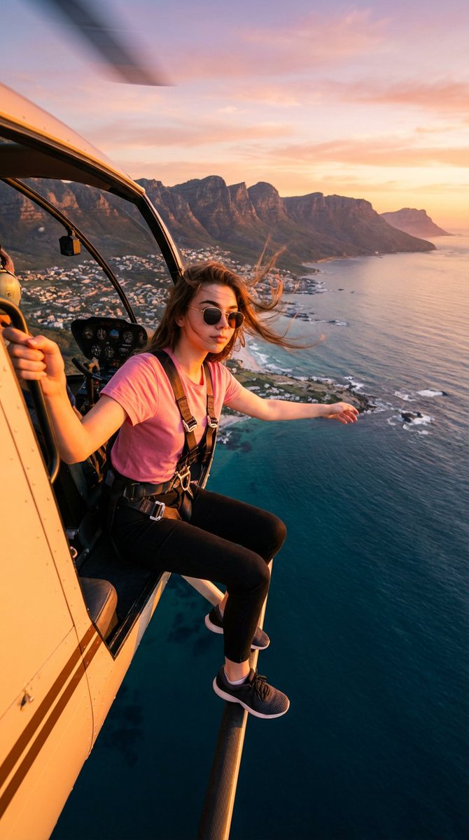 A female model sitting on a helicopter edge during sunset, confidently holding onto the frame with a safety harness.