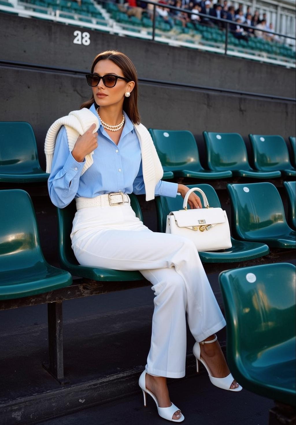 Stadium Seating Blue Shirt White Pants Sunglasses