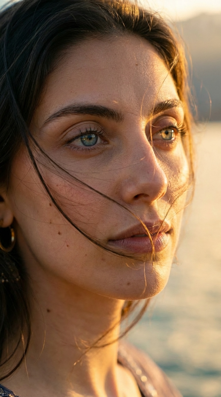 A close-up of Maya Sikand with sunlight illuminating her thoughtful expression and golden lake reflections in the background.