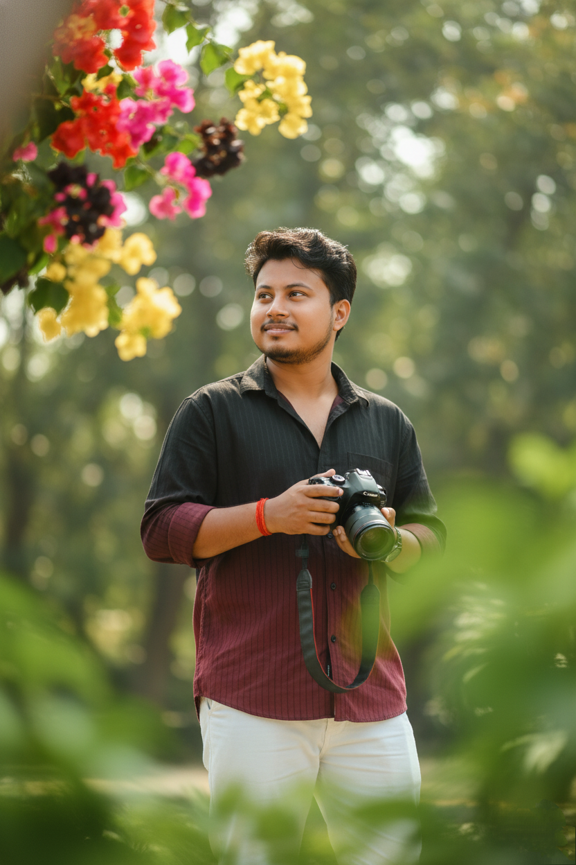 Young Man With Camera In Garden