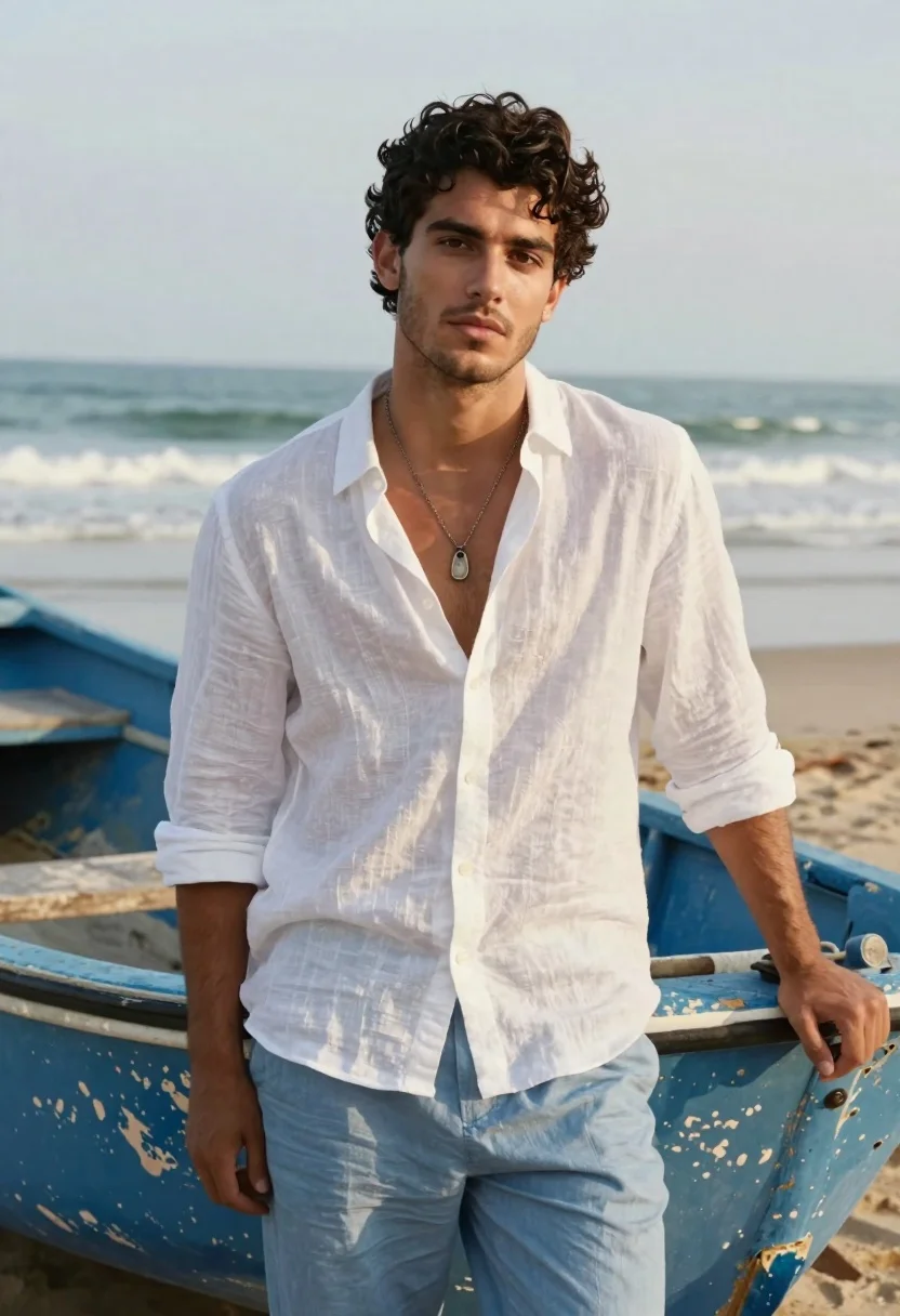 Handsome young man with dark curly hair stands confidently on a sandy beach next to a blue fishing boat.