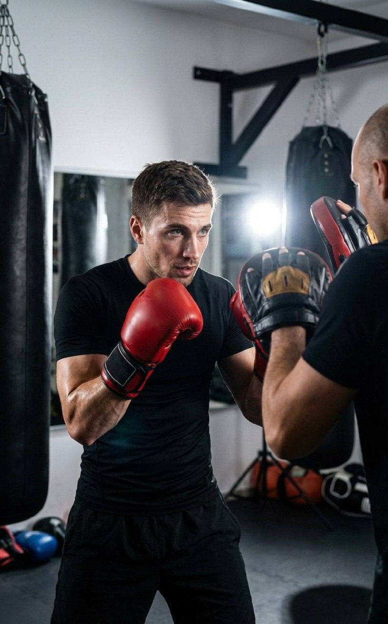 A muscular man in sportswear focused on boxing training, listening to his coach in a gym filled with training equipment.