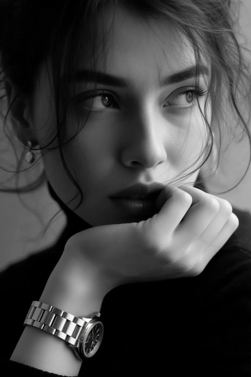 Makeup Earrings Bracelets And Wristwatch In Turtleneck Portrait
