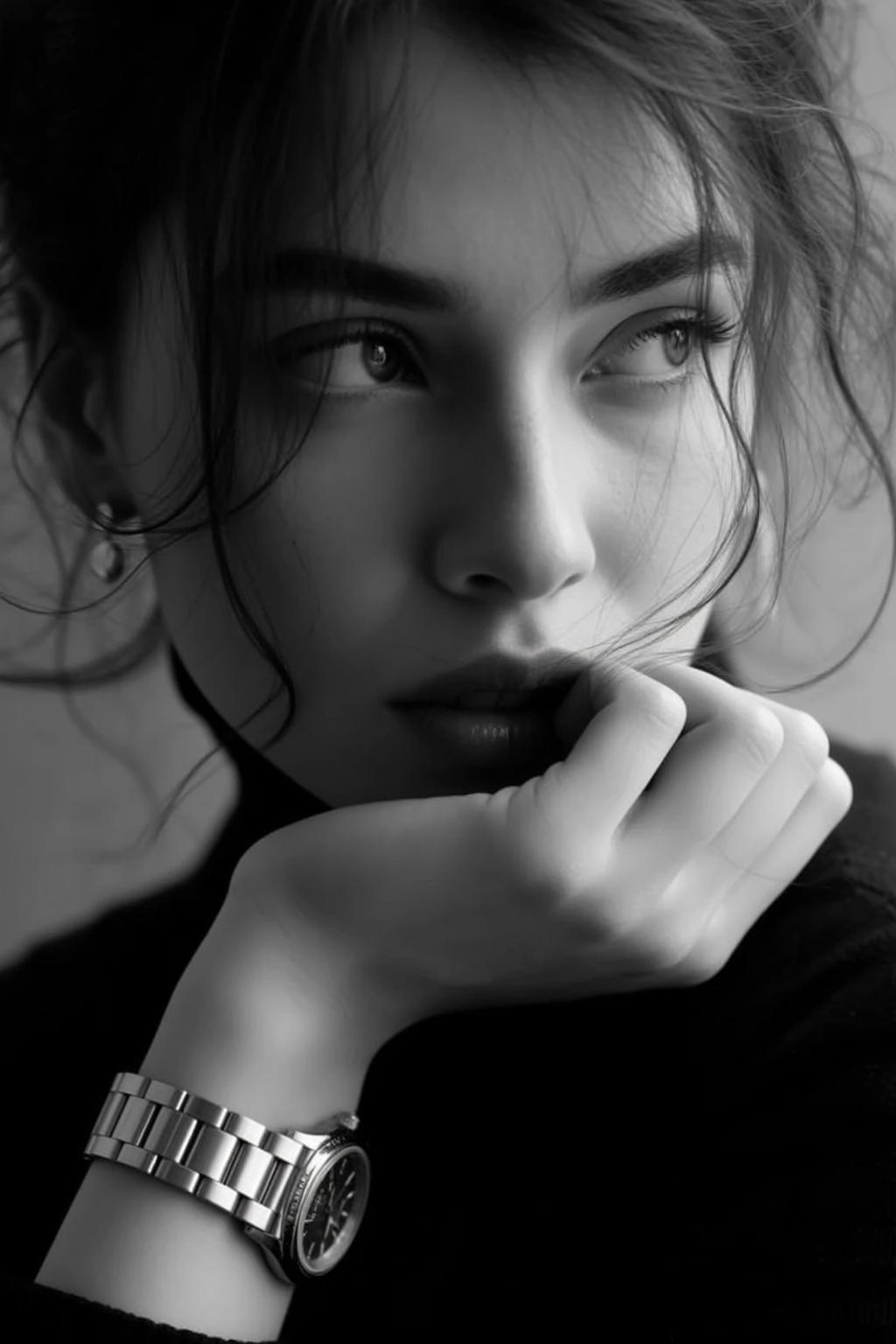 Photorealistic Portrait Black And White Medium Shot Young Woman With