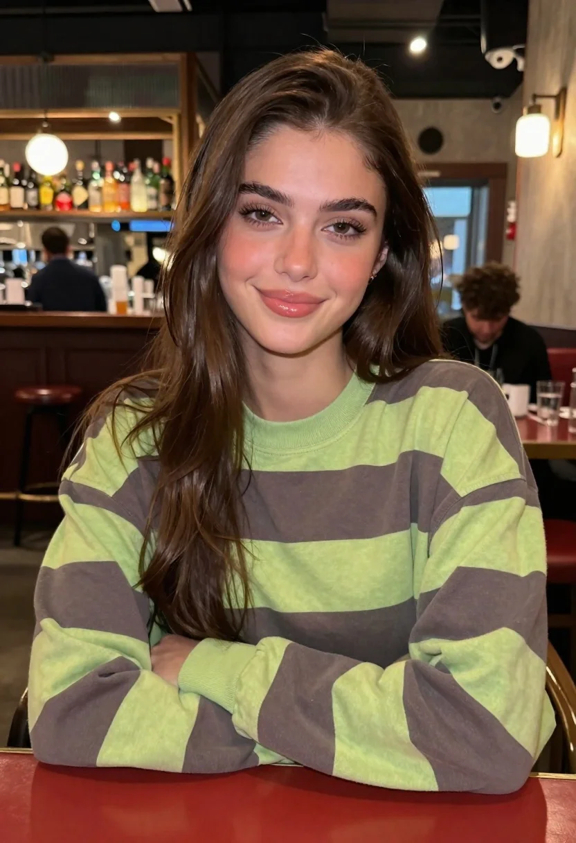 Young Woman With Long Brown Hair Sits Table Restaurant Smiling reference photo