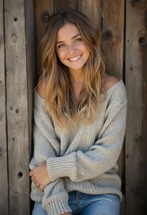 A beautiful young woman leans against rustic wooden planks, wearing an oversized sweater and smiling radiantly.