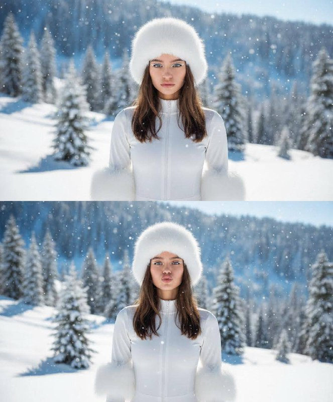 Close-up portrait of a model in a white fur ushanka hat and winter jumpsuit, against a snowy mountain backdrop with soft natural light.