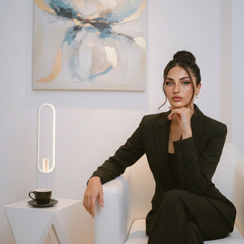 Ava in a black suit sitting gracefully on a white chair under soft cinematic lighting, exuding confidence.