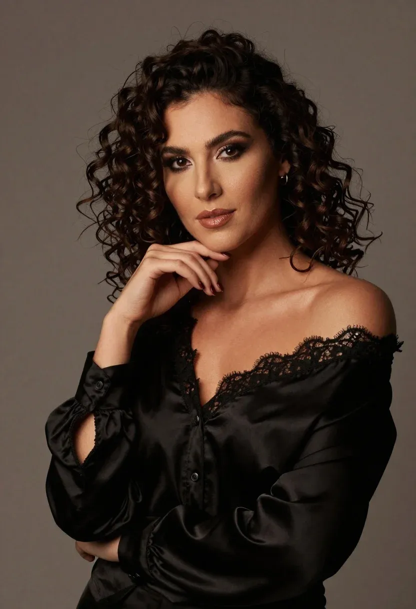 Portrait Woman With Voluminous Dark Curly Hair And Dramatic Makeup