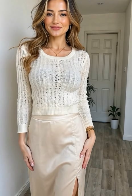 Cream Knit Sweater Champagne Satin Skirt Modern Home