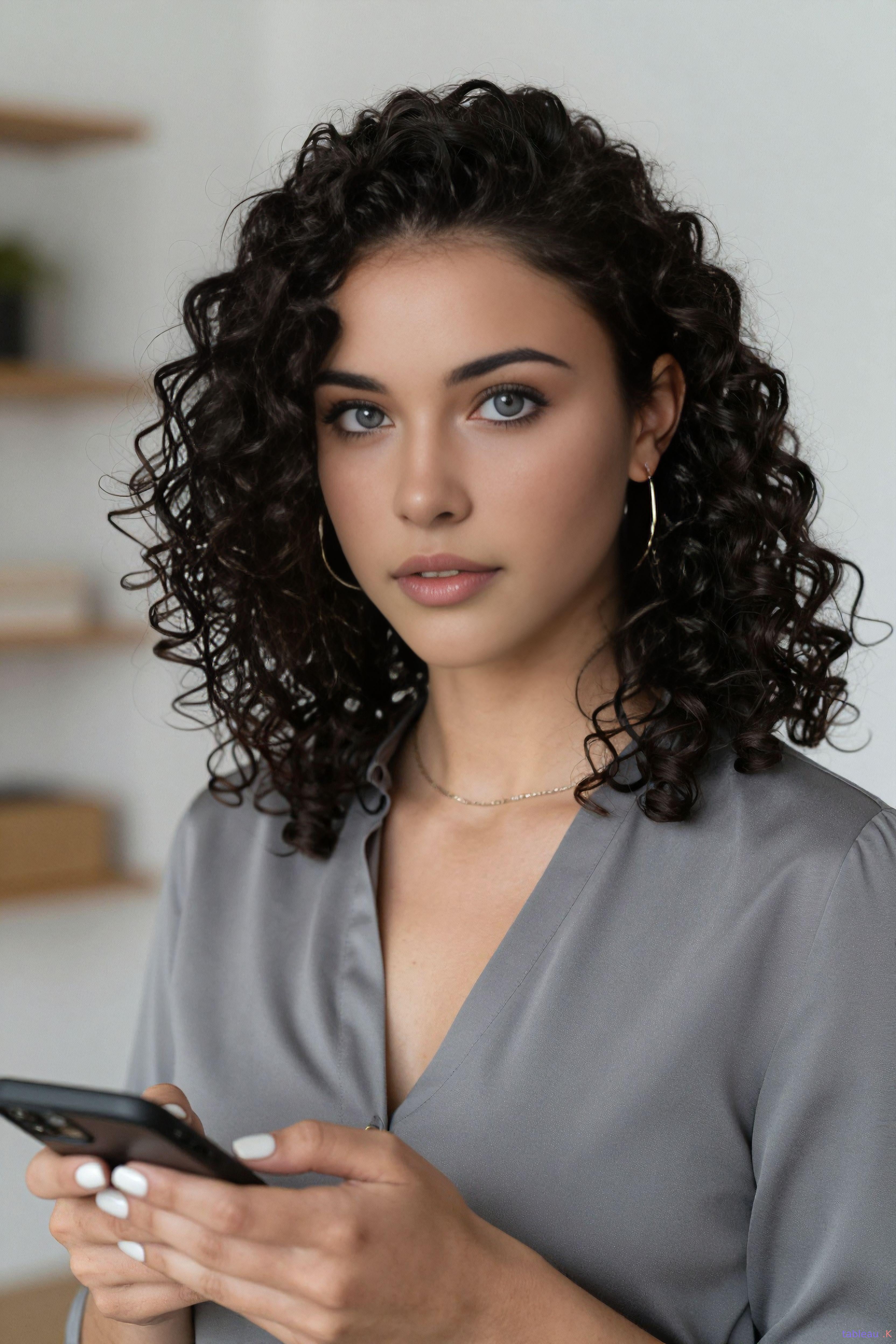 Dark Curly Hair Silk Blouse Gold Jewelry Holding Smartphone