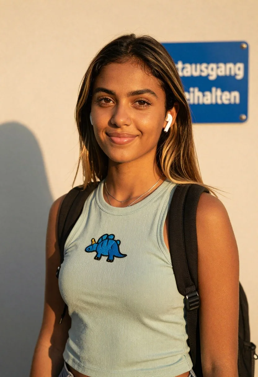 Young Woman With Soft Smile Stands Profile Facing The Camera reference photo