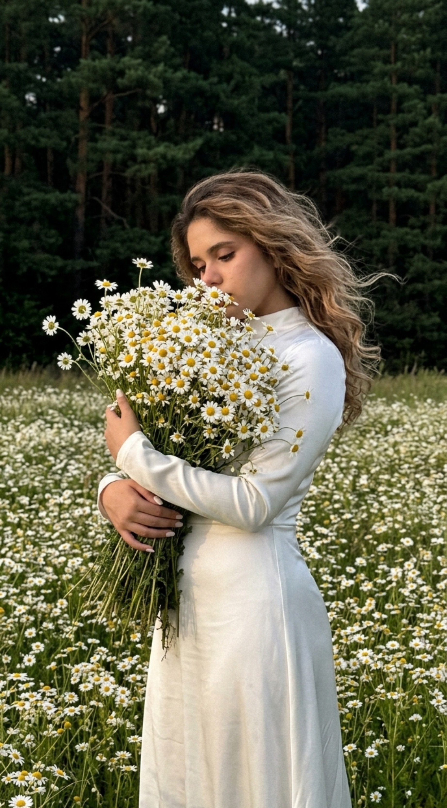 A woman in a milky satin outfit embracing a bouquet of daisies in a chamomile field during sunset.