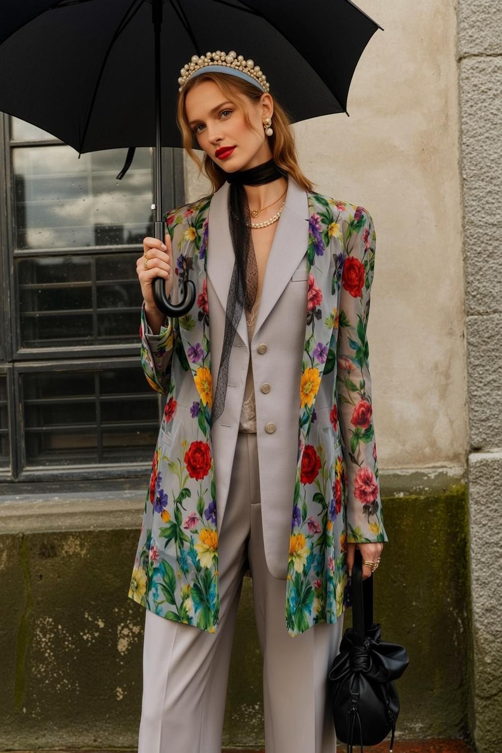 Blonde Woman Grey Vest Floral Blazer Pearl Headband
