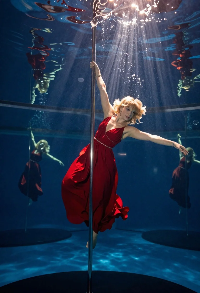 Underwater Studio Shot Woman Performing Acrobatic Pole Dance Shimmering Red reference photo