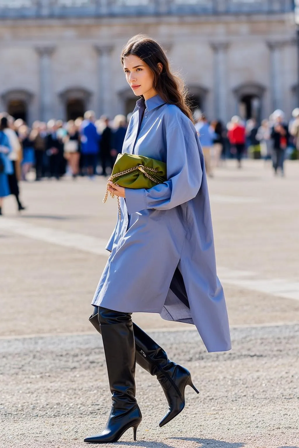 Walking Plaza Light Blue Dress Black Pants