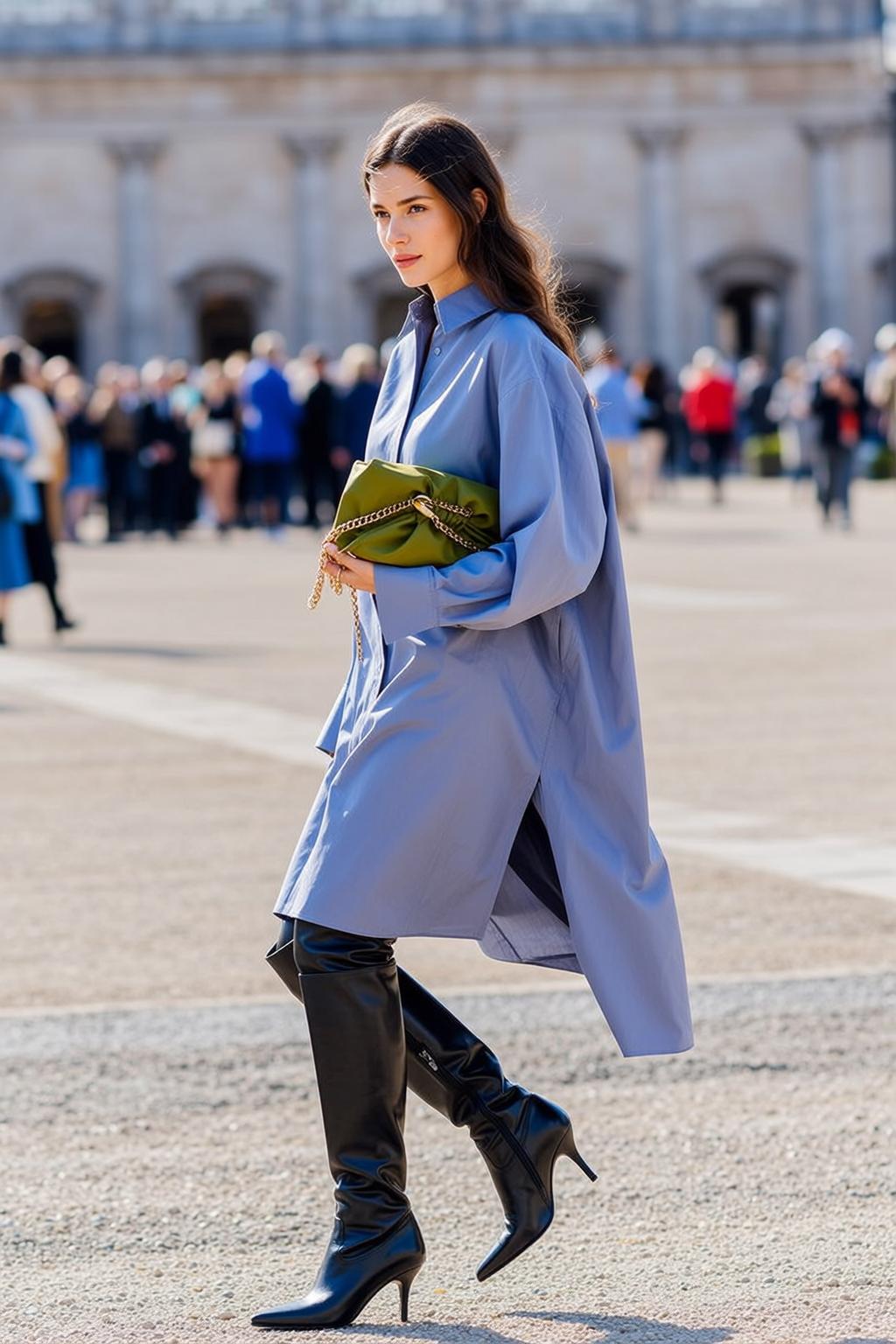 Walking Plaza Light Blue Dress Black Pants