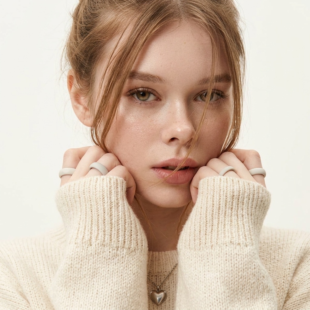 woman in a close-up sweater beauty portrait in a bright ivory-toned setting.