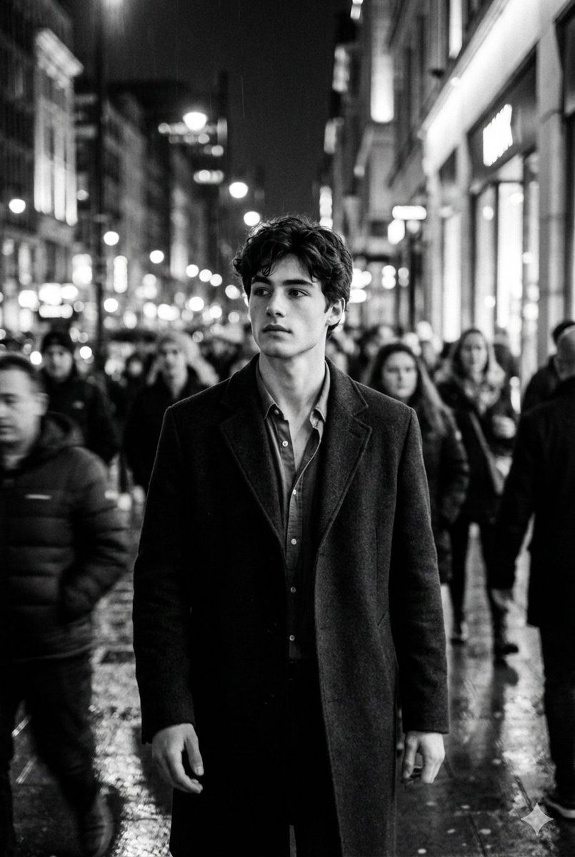 A young man in a dark coat walking through a busy city at night, his intense expression contrasting with a blurred crowd.