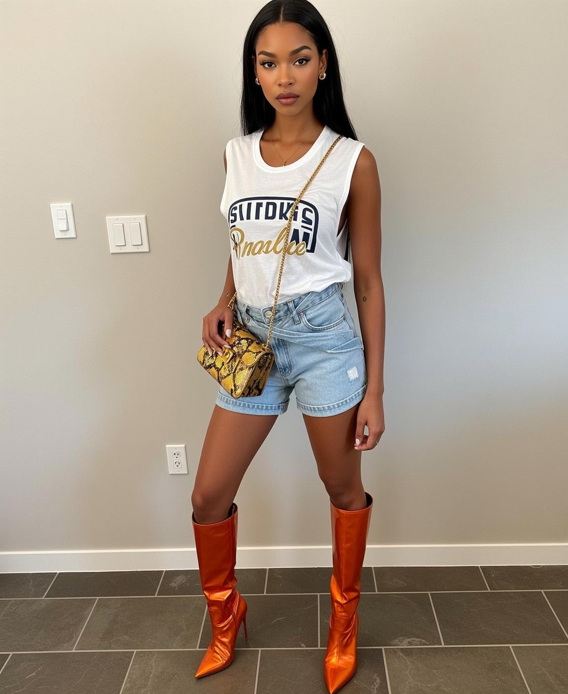 Woman Orange Boots White Tank Top Denim Shorts