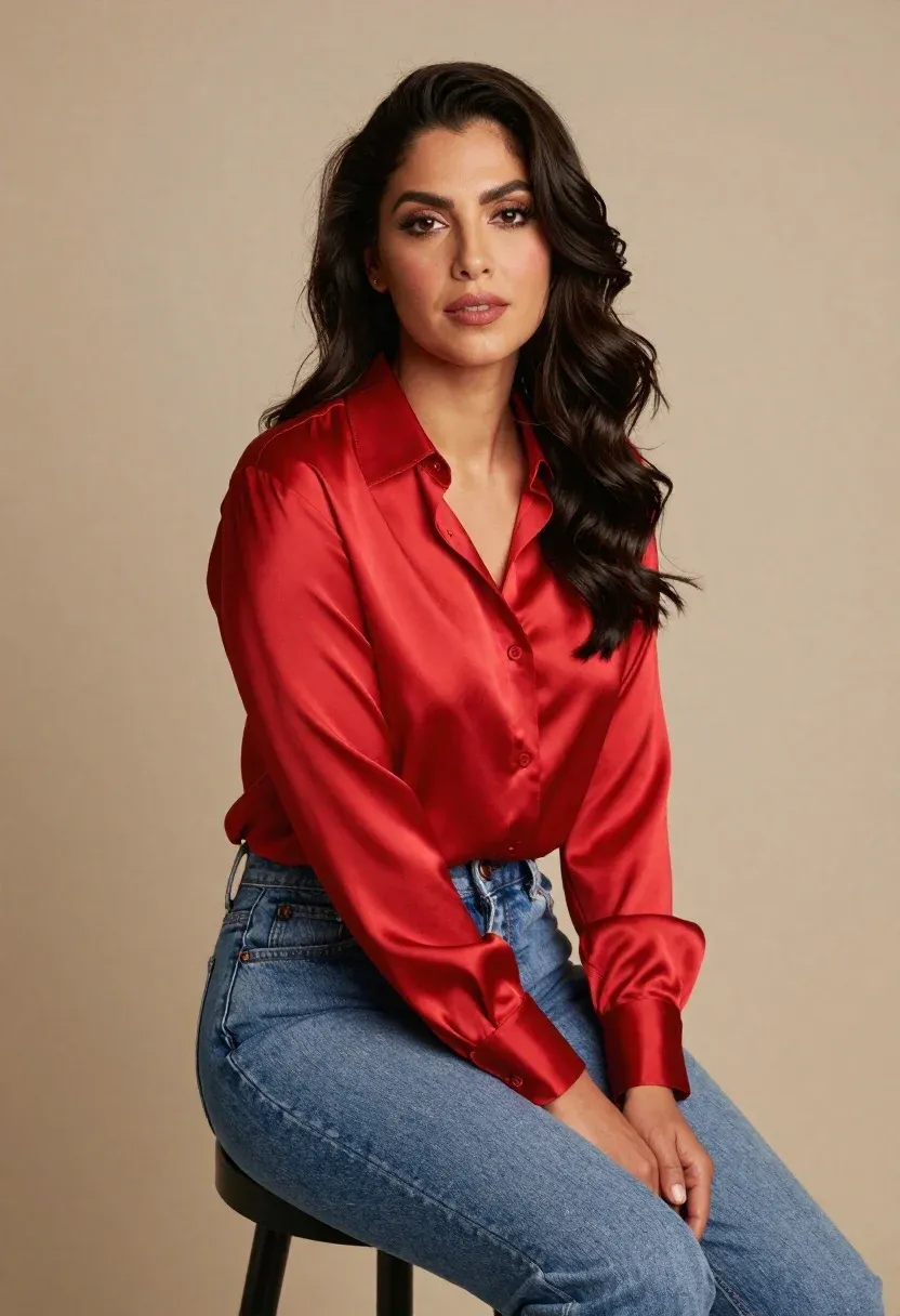 Confident Woman With Long Dark Wavy Hair Sits Studio Setting