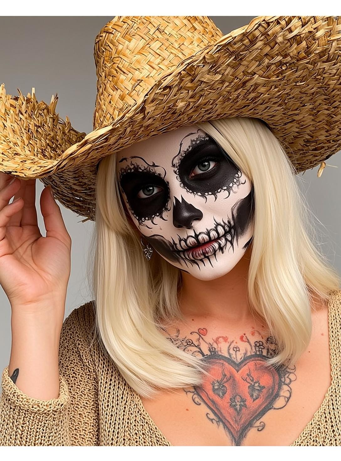 Halloween Makeup Skull Paint Blonde Straight Pale